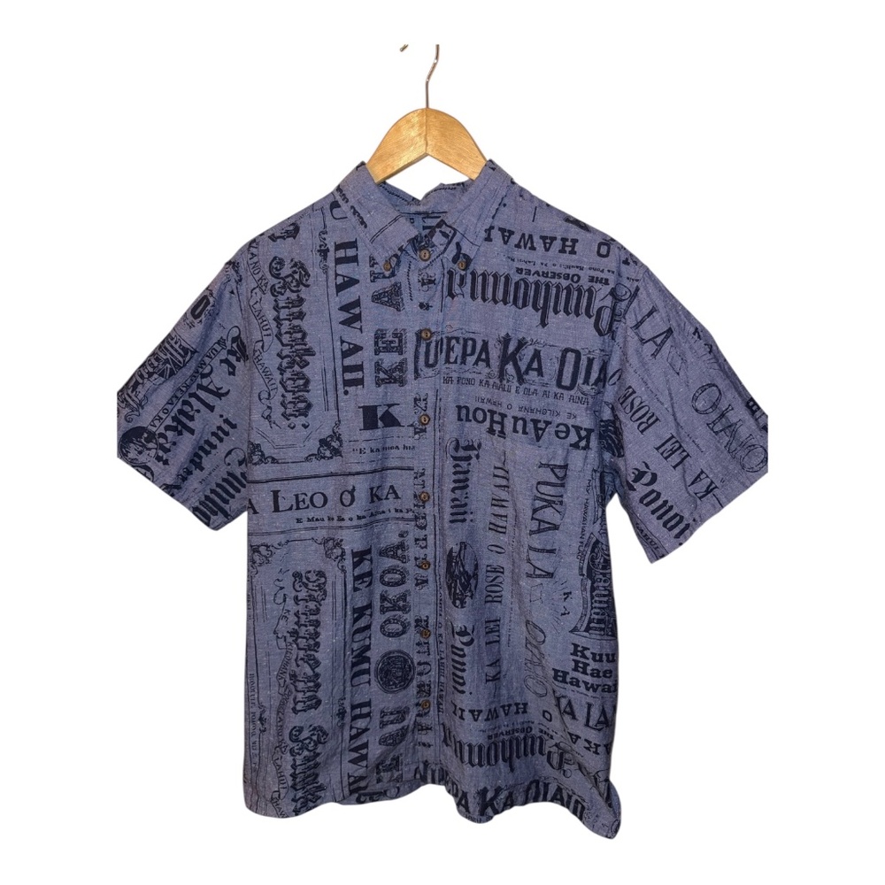 Kaulua’E Men’s Linen Olelo Hawaii Newpaper Print Shirt XL